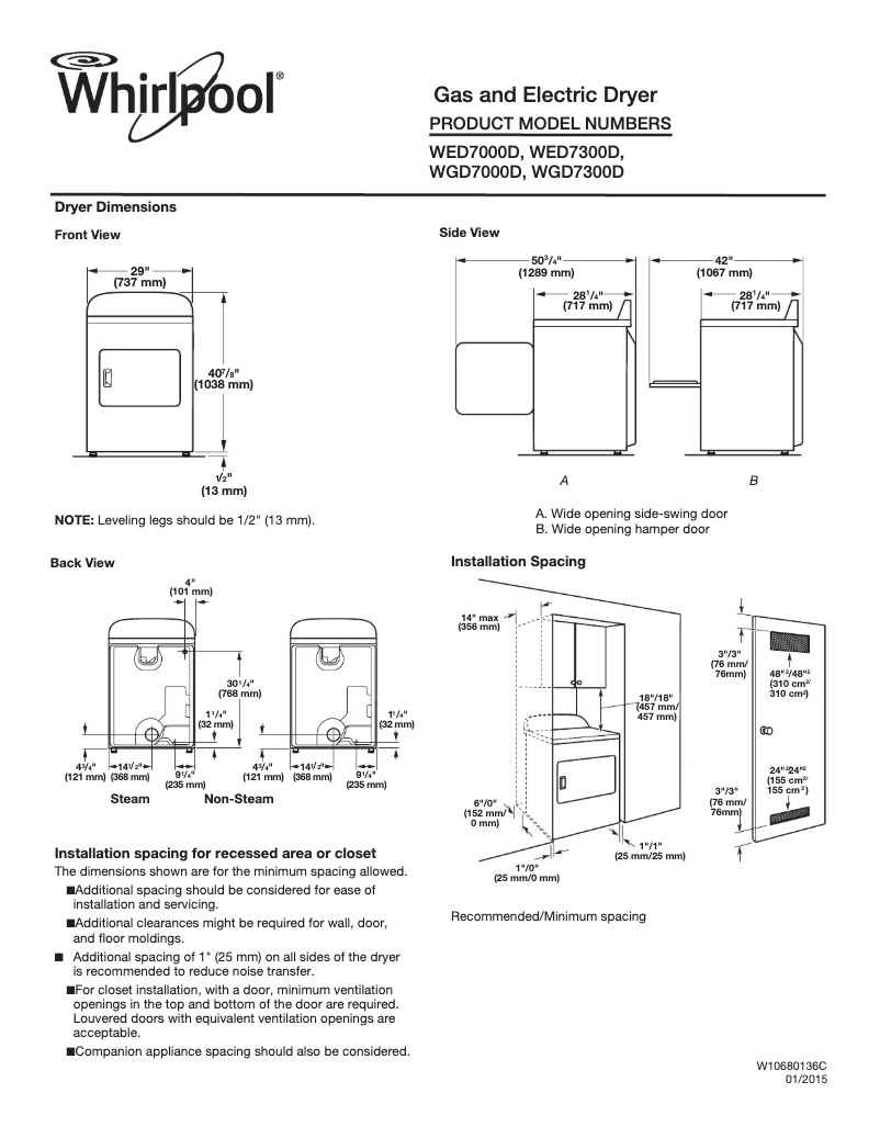 Página 1 del manual Ficha técnica Whirlpool WED7000D