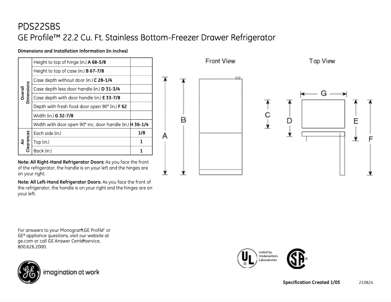 Página 1 del manual Ficha técnica GE PDS22SBSRSS