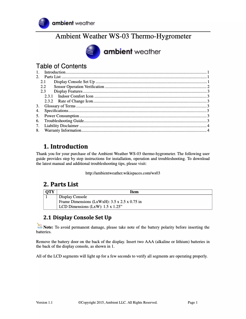Page 1 de la notice Manuel utilisateur Ambient Weather WS-03