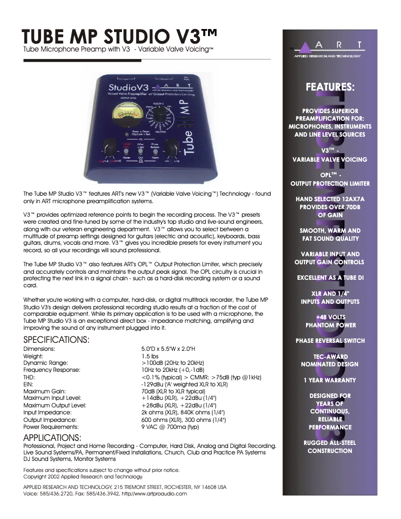 Page 1 de la notice Fiche technique ART Tube MP