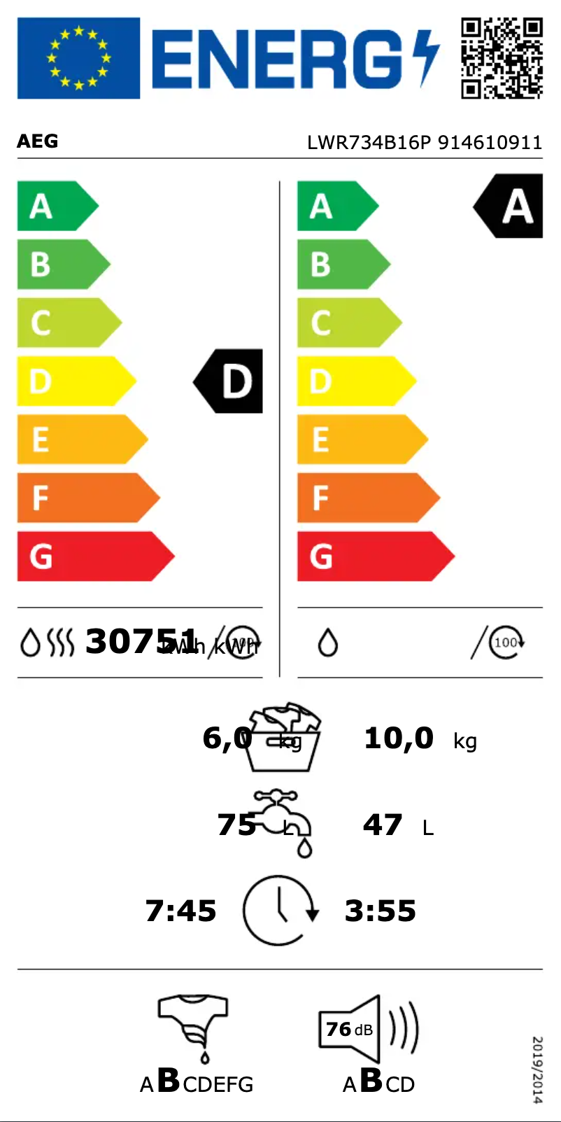Página 1 del manual Etiqueta energética AEG LWR734B16P