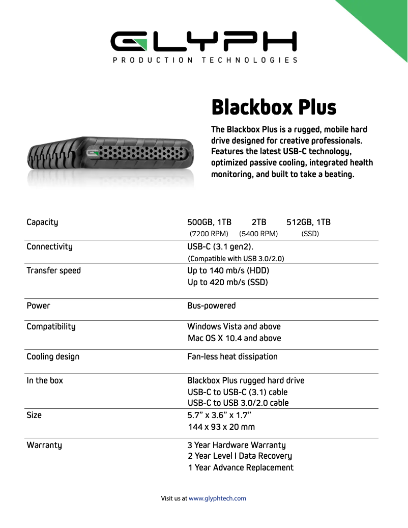 Página 1 del manual Ficha técnica Glyph BlackBox Plus