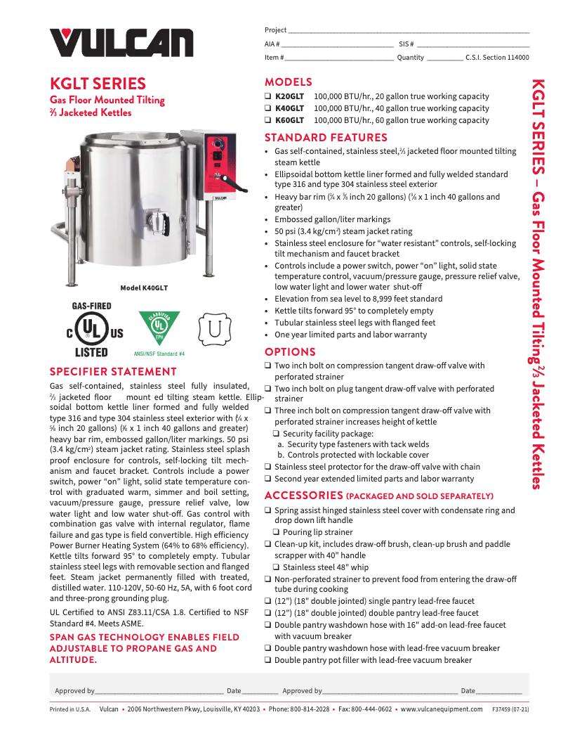 Page 1 de la notice Fiche technique Vulcan K20GLT