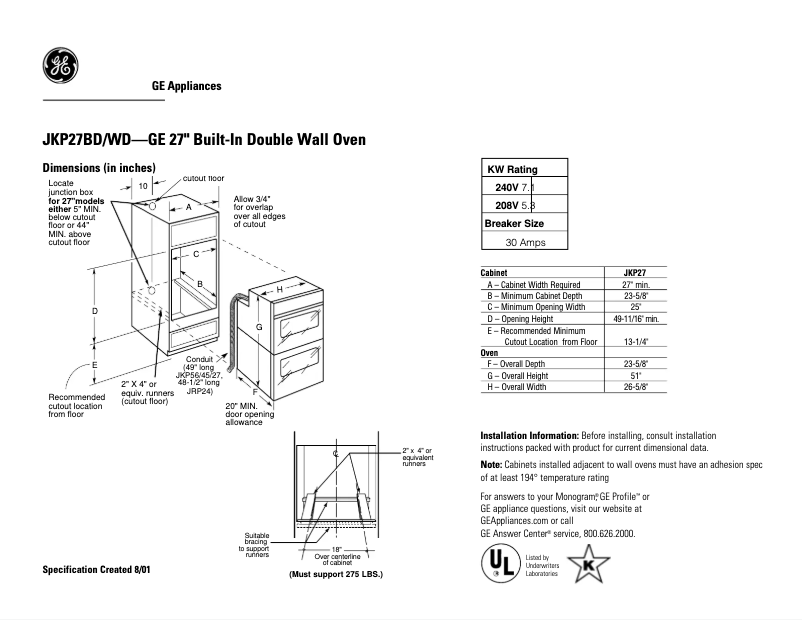 Página 1 del manual Ficha técnica GE JKP27BDBB