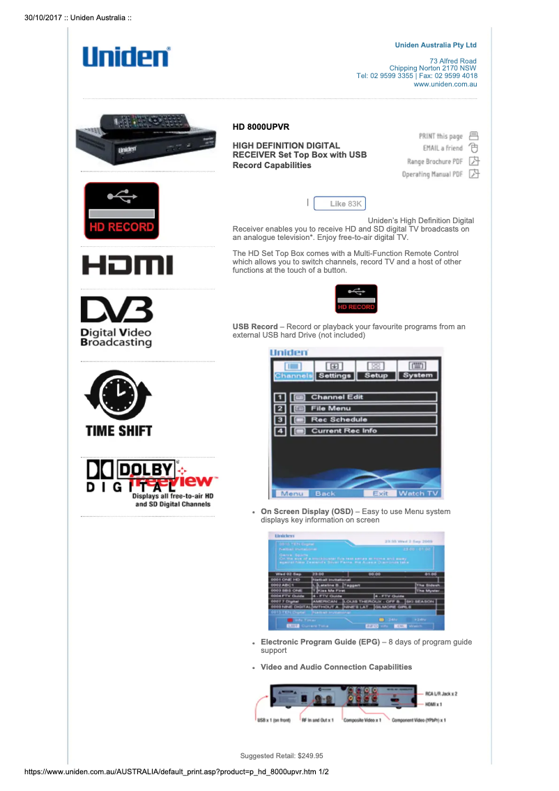 Page 1 de la notice Manuel utilisateur Uniden HD 8000UPVR