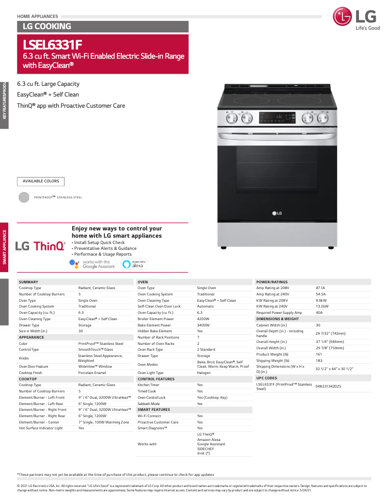 Page 1 de la notice Fiche technique LG LSEL6331F