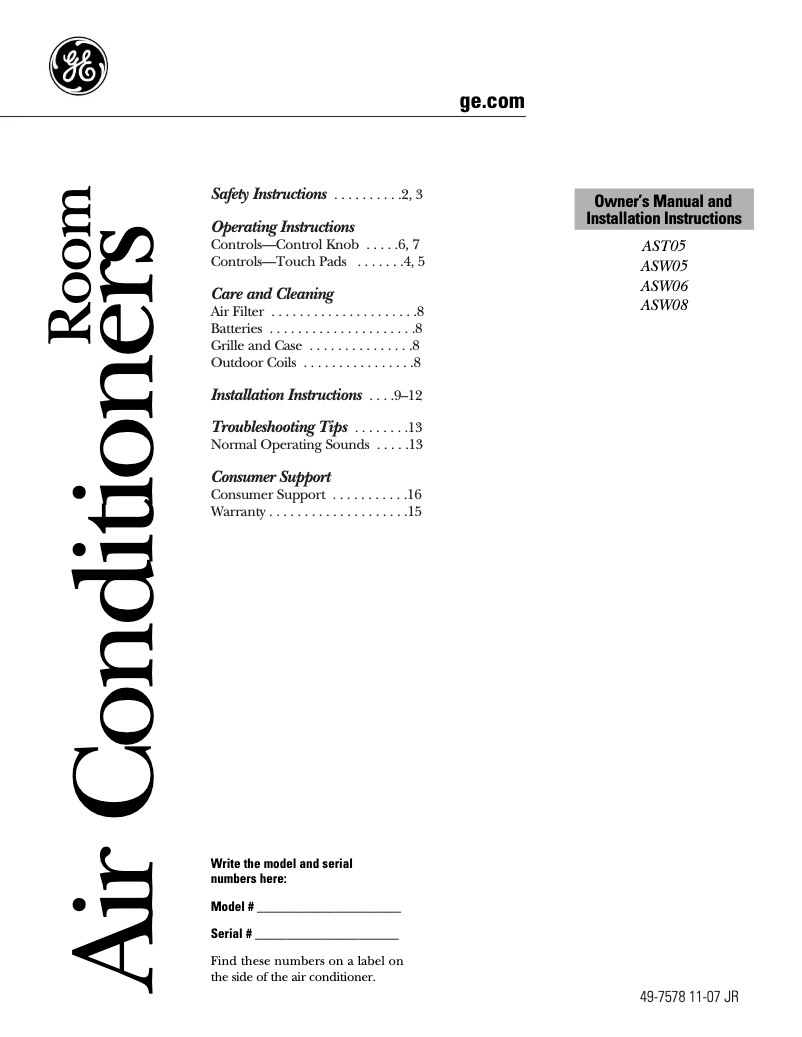 Page n°1 - Guide d'installation GE ASW06LL