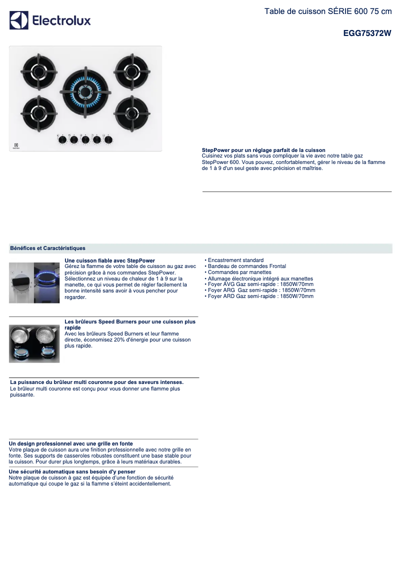 Page 1 de la notice Fiche technique Electrolux EGG75372W