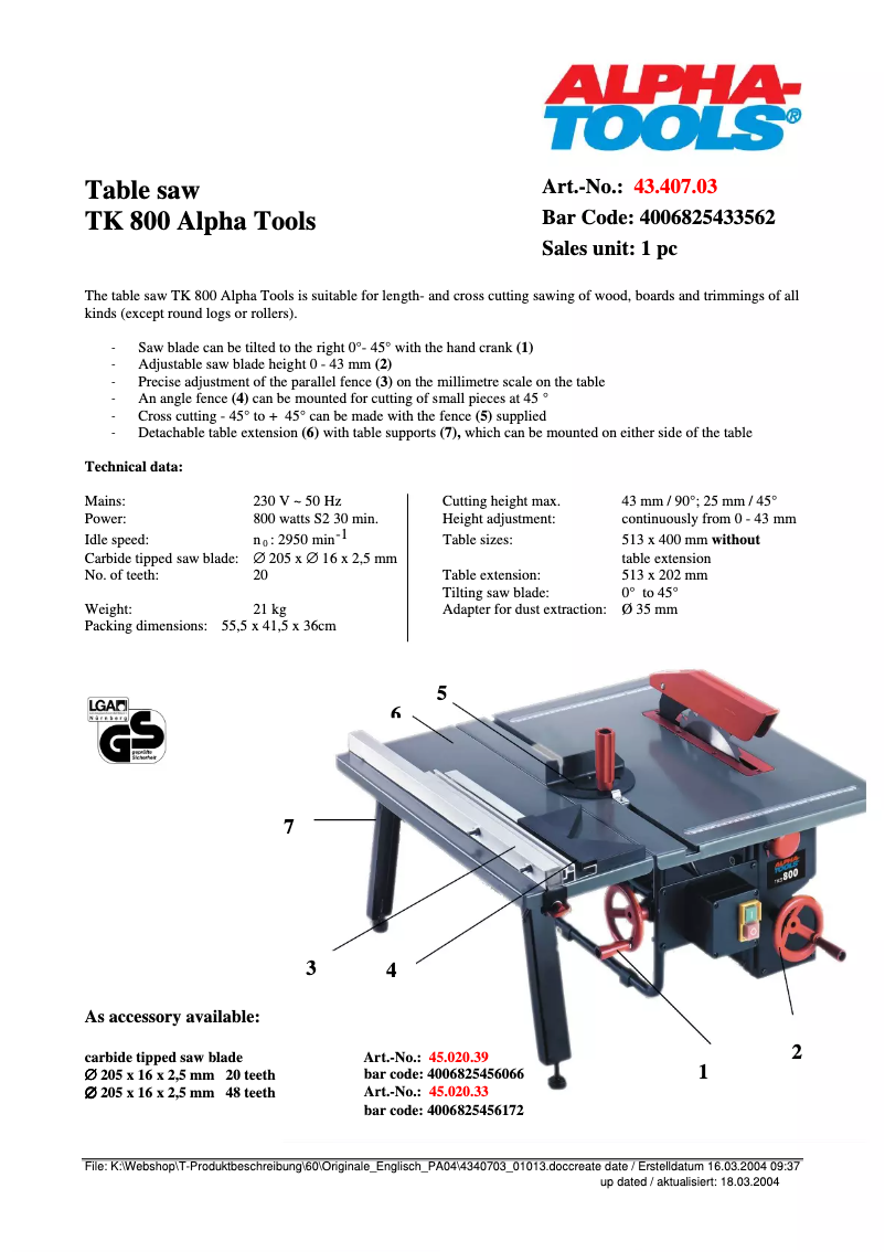 Page 1 de la notice Fiche technique Alpha Tools TKS 800