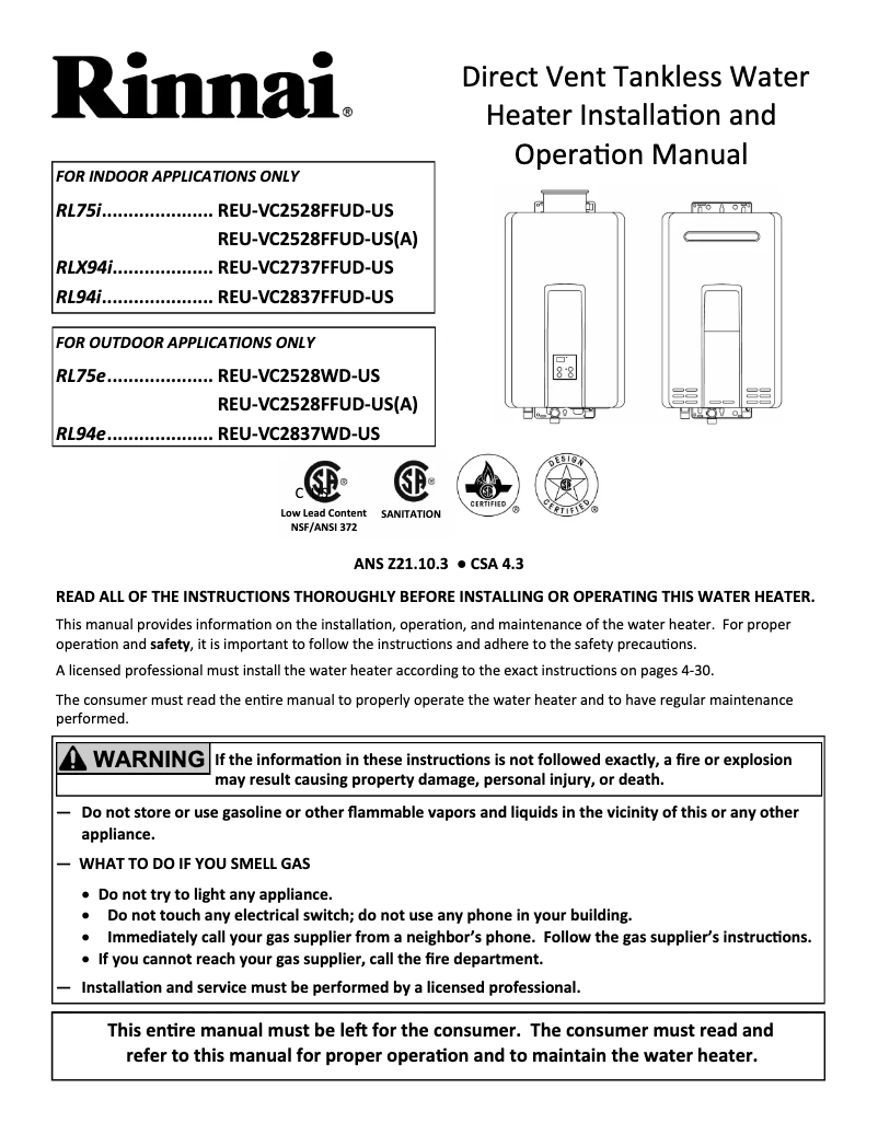 Page 1 de la notice Guide d'installation Rinnai RLX94iN