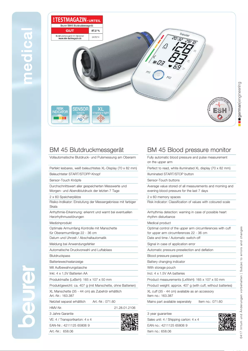 Page 1 de la notice Fiche technique Beurer BM 45