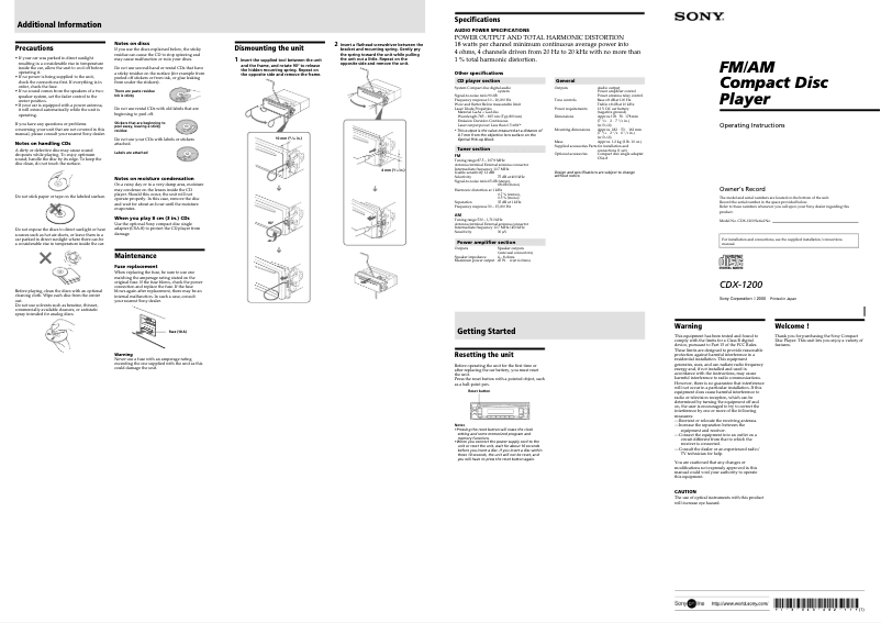 Page 1 de la notice Manuel utilisateur Sony CDX-1200
