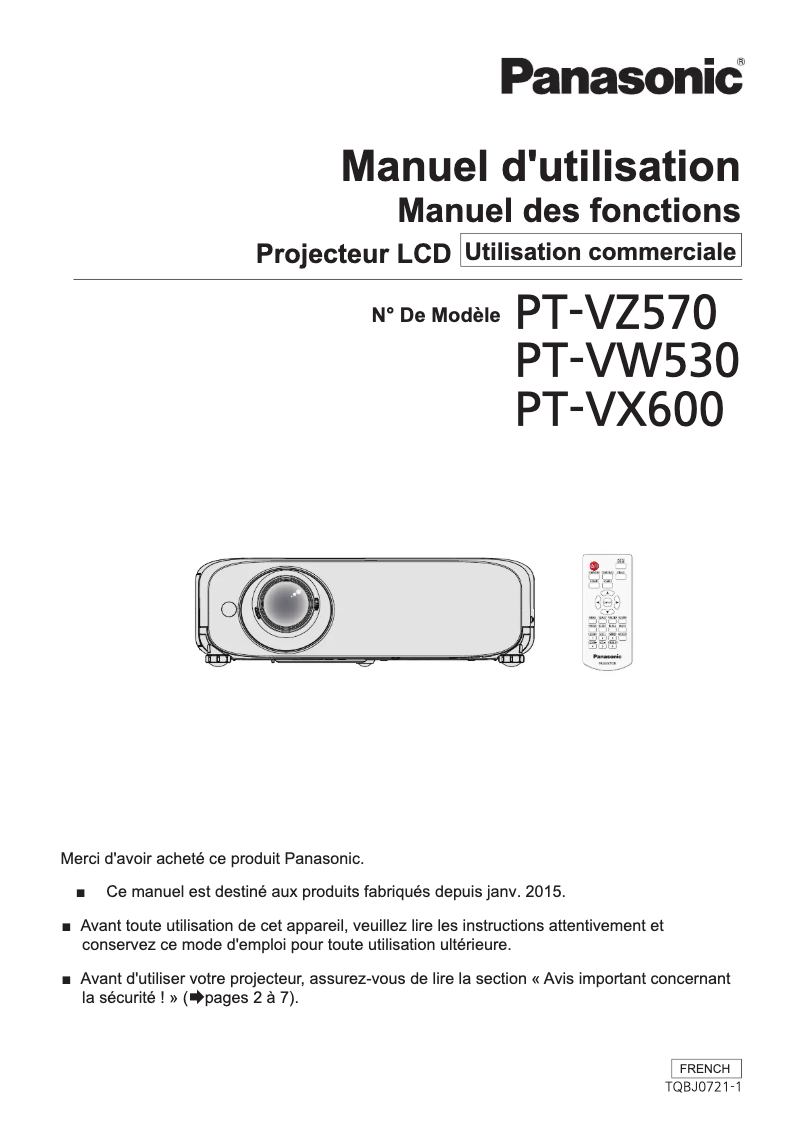 Page 1 de la notice Manuel utilisateur Panasonic PT-VZ570