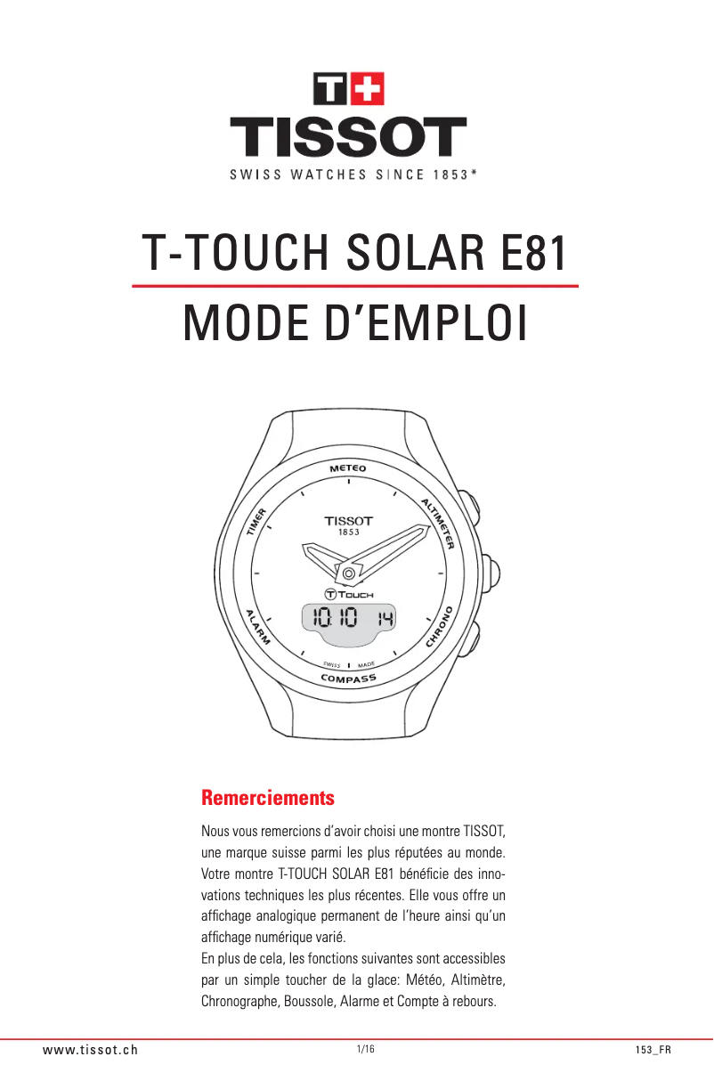 Page 1 de la notice Manuel utilisateur Tissot T-TOUCH Lady Solar Jungfraubahn