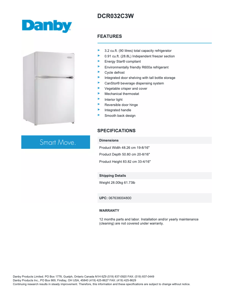 Page 1 de la notice Fiche technique Danby DCR032C3