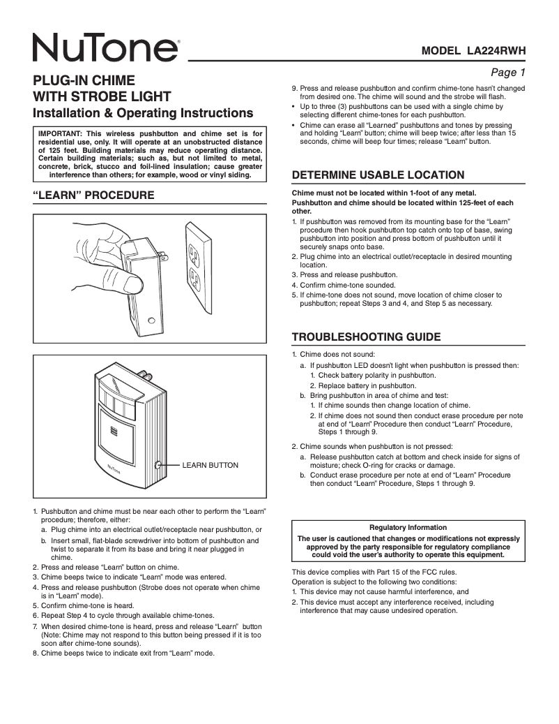 Page 1 of the manual User Manual NuTone LA224RWH
