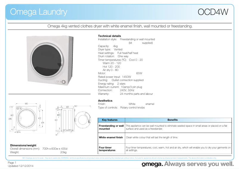 Página 1 del manual Ficha técnica Omega OCD4W