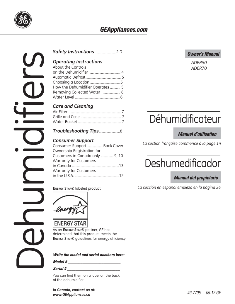Page 1 de la notice Manuel utilisateur GE ADER50LS