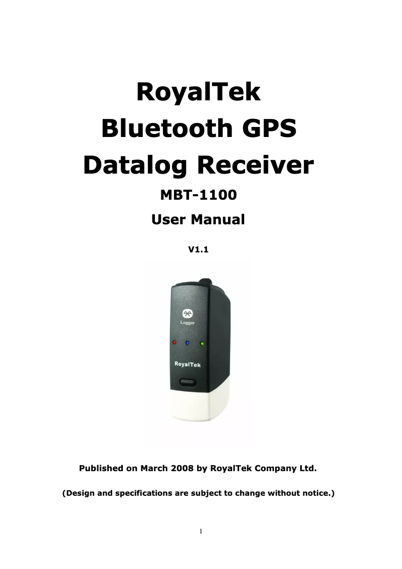 Page 1 of the manual User Manual RoyalTek MBT-1000