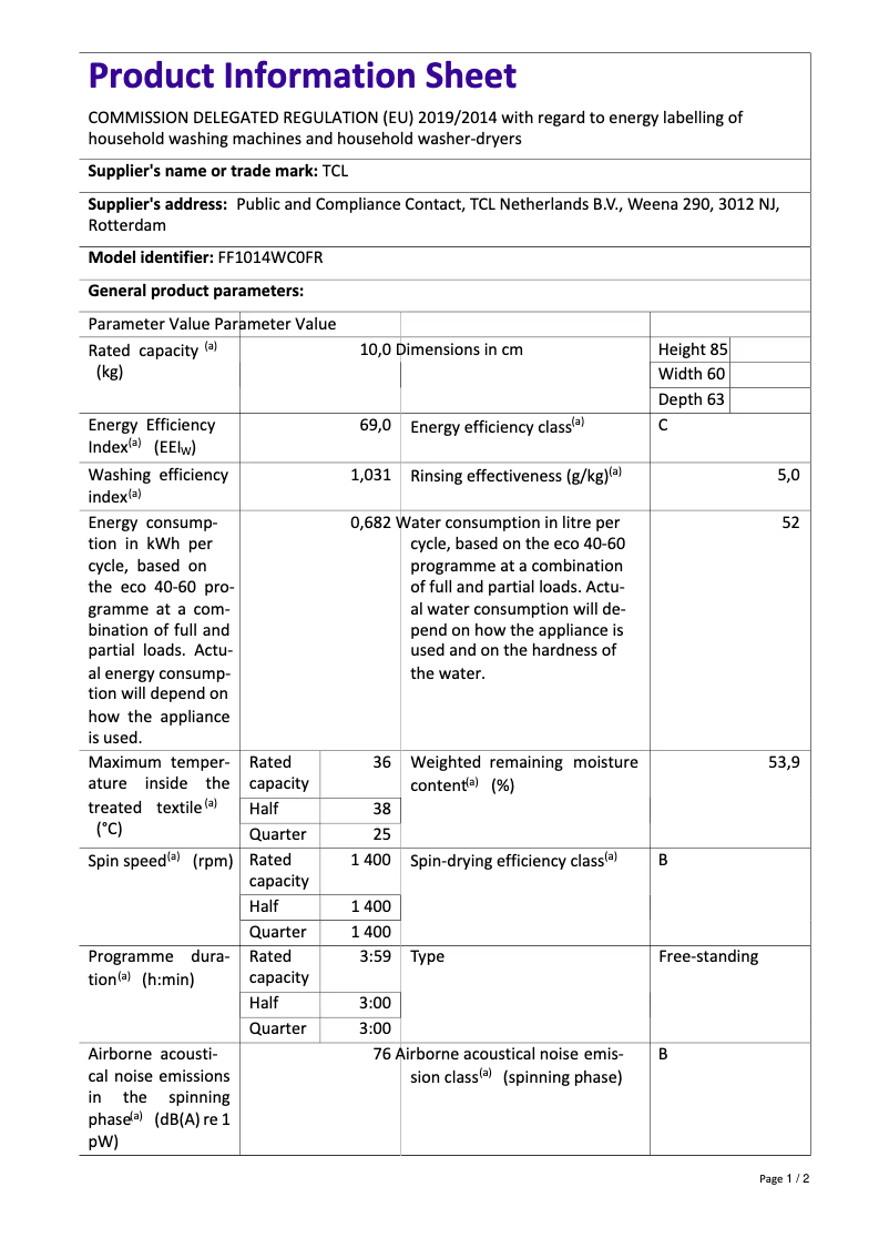 Page 1 de la notice Fiche technique TCL FF1014WC0