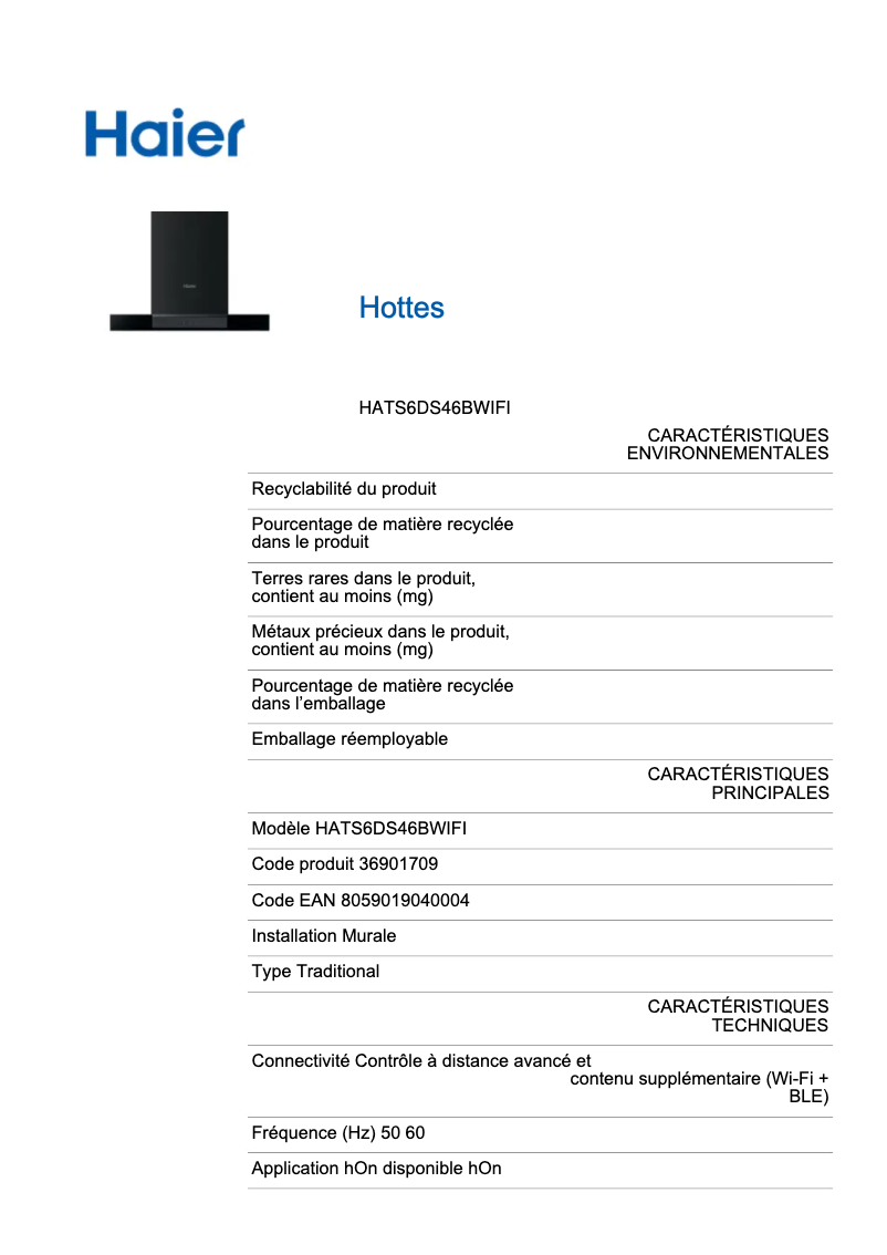 Page 1 de la notice Label énergétique Haier I-Link HATS6DS46BWIFI