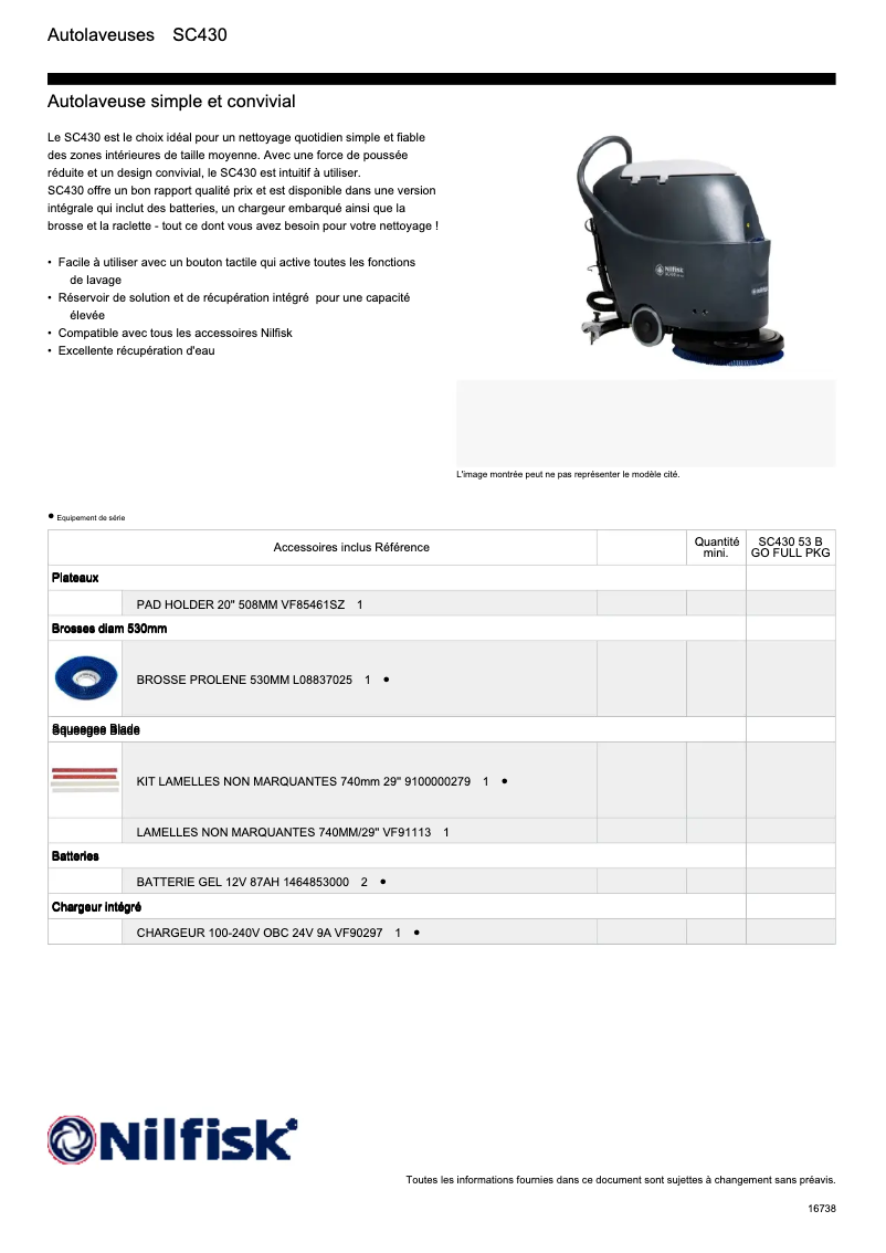 Page 1 de la notice Fiche technique Nilfisk SC430