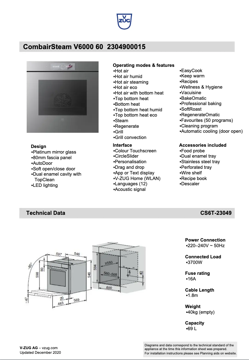 Página 1 del manual Ficha técnica V-Zug CombairSteamer V6000