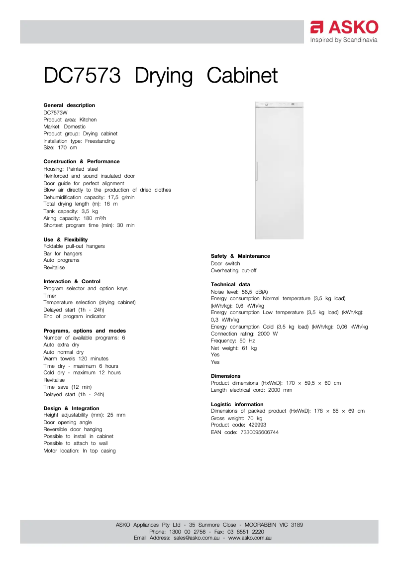 Página 1 del manual Ficha técnica Asko DC7573