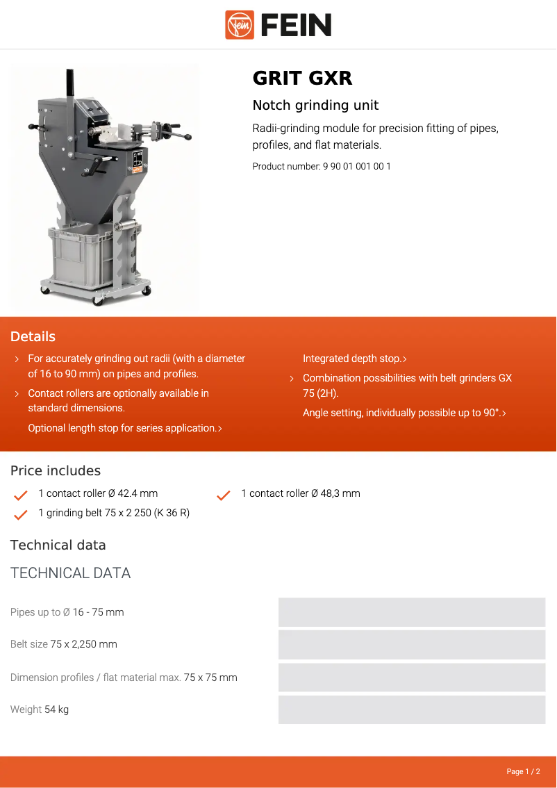 Page 1 de la notice Fiche technique Fein GRIT GXR