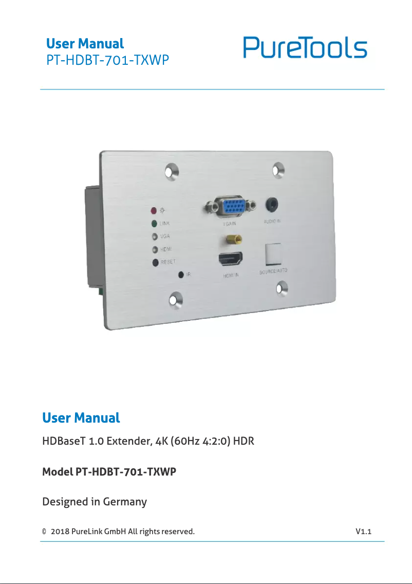 Page 1 de la notice Manuel utilisateur PureLink PT-HDBT-701-TXWP