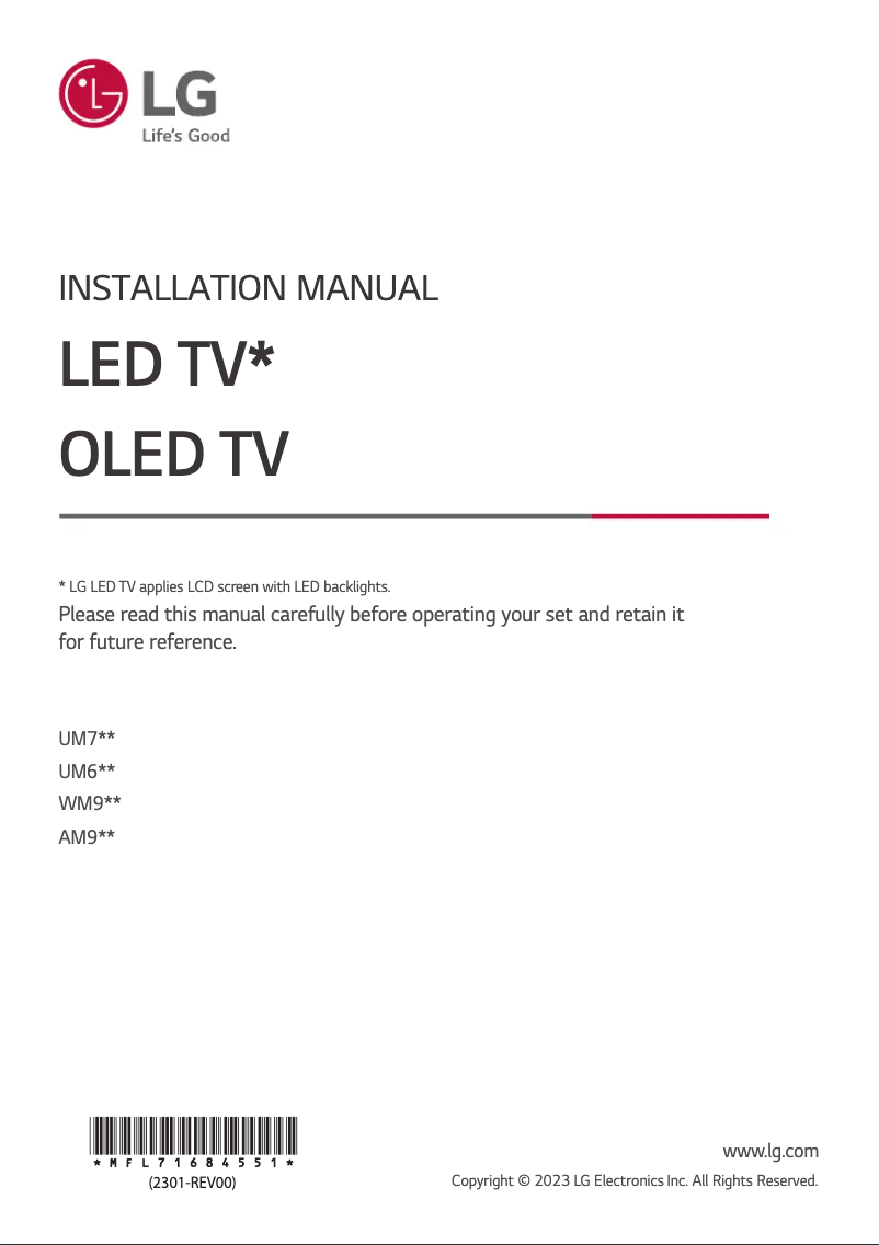 Page 1 de la notice Guide d'installation LG 43UM7100PLB