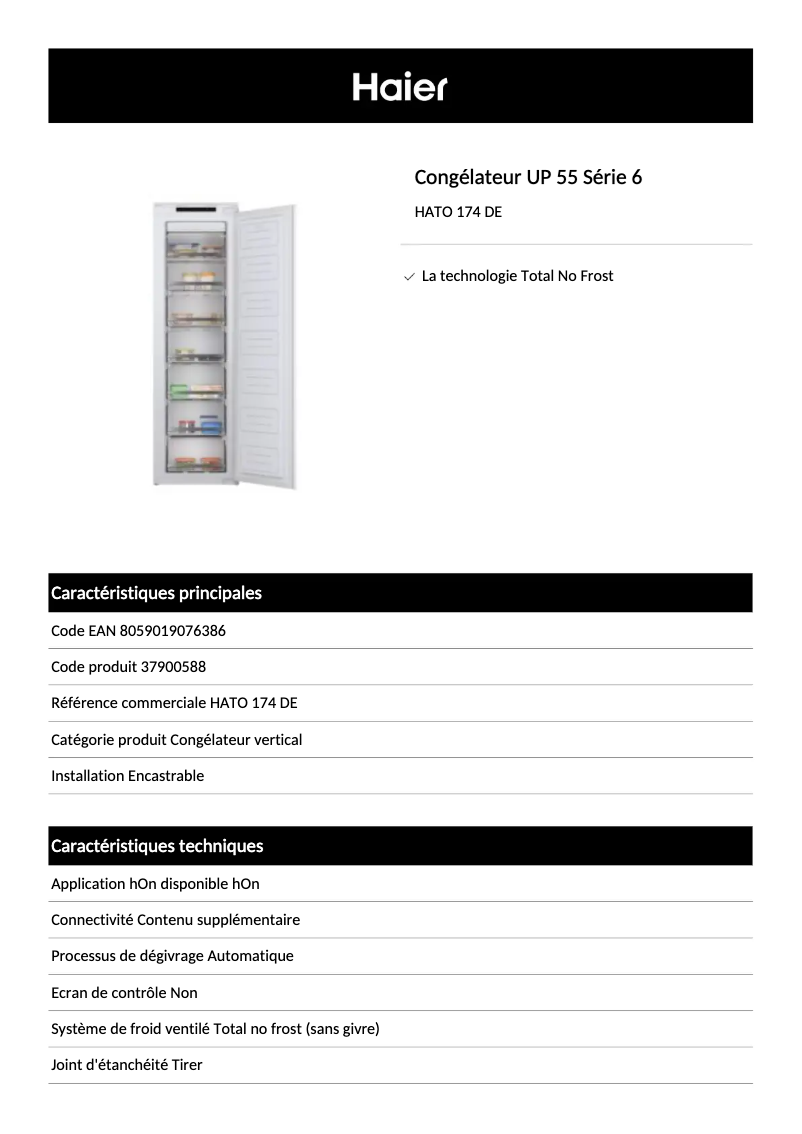 Página 1 del manual Ficha técnica Haier HATO 174 DE