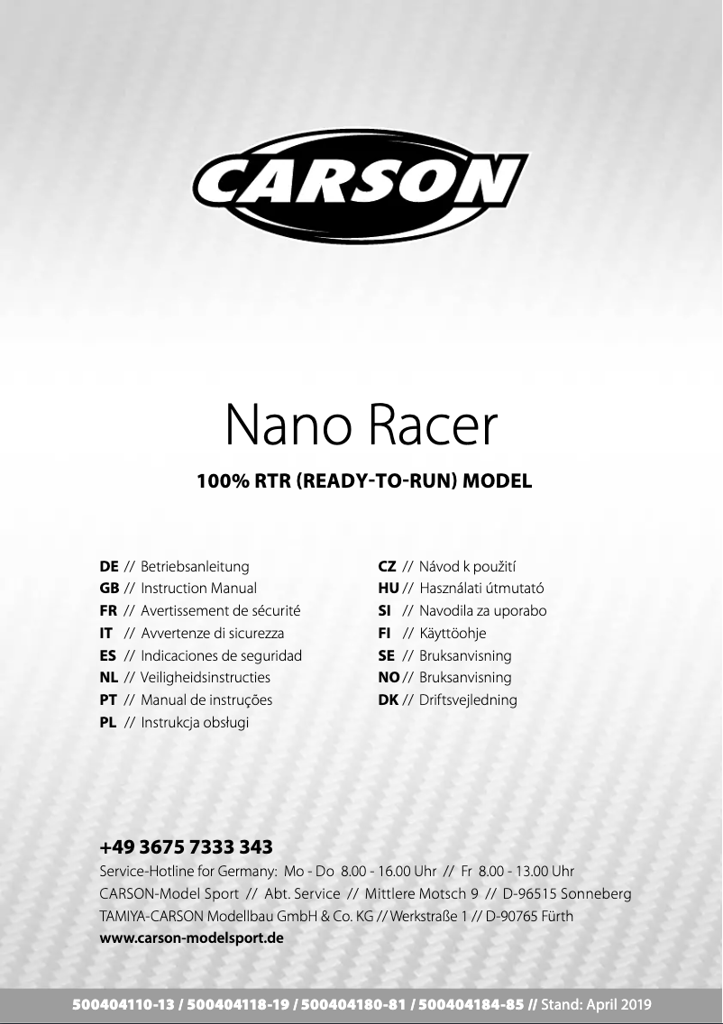 Page 1 de la notice Manuel utilisateur Carson Nano Racer Toxic