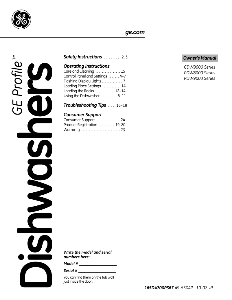 Page n°1 - Manuel d'utilisation et d'entretien GE Profile PDW9900NWW
