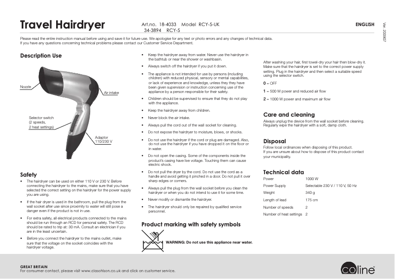 Page 1 de la notice Manuel utilisateur Coline RCY-5