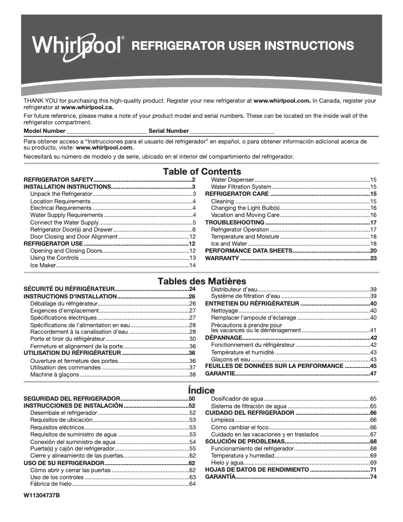 Page 1 de la notice Manuel utilisateur Whirlpool WRF540CWHV