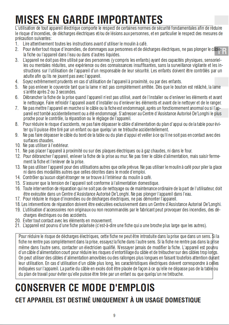 Page 1 de la notice Manuel utilisateur DeLonghi KG 79