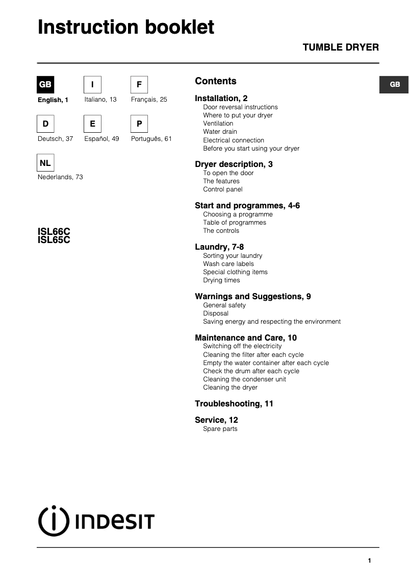 Page n°1 - Manuel utilisateur Indesit ISL 65 C