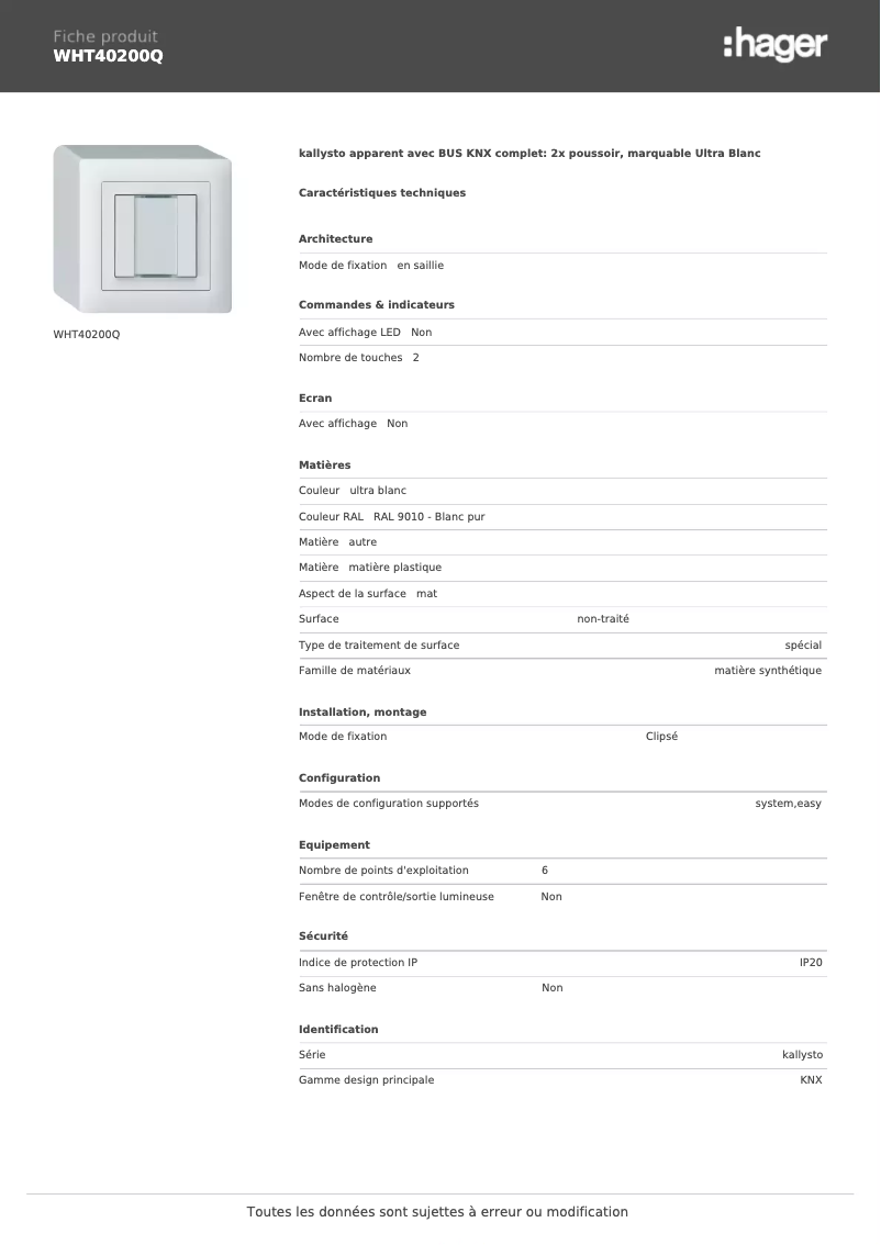 Page 1 de la notice Fiche technique Hager WHT40200Q