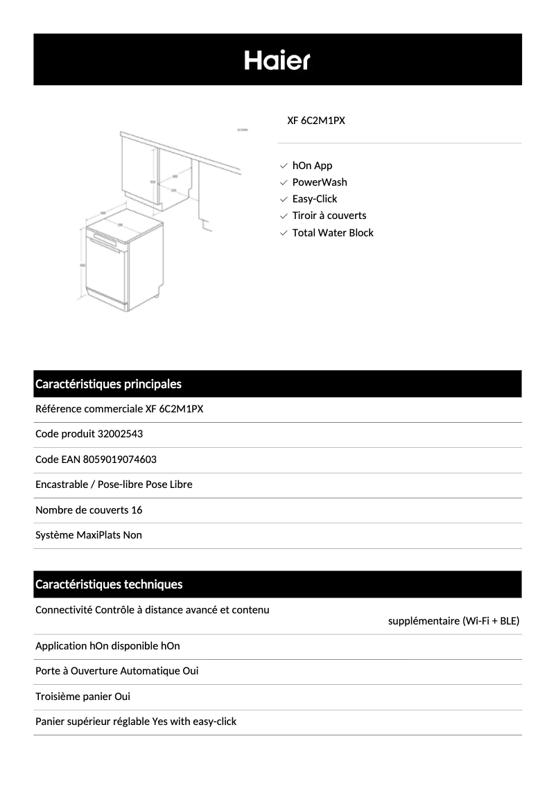 Página 1 del manual Ficha técnica Haier XF 6C2M1PX