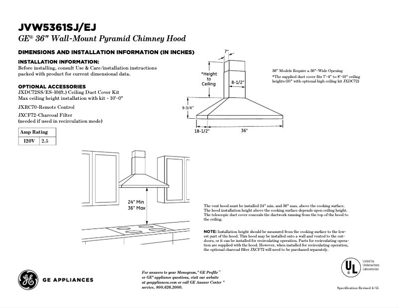 Página 1 del manual Ficha técnica GE JVW5361BJTS