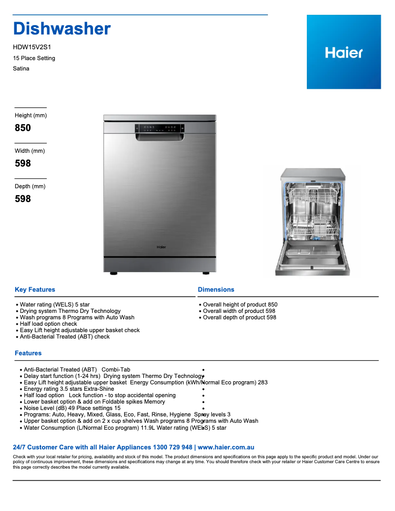Page 1 de la notice Fiche technique Haier HDW15V2S1