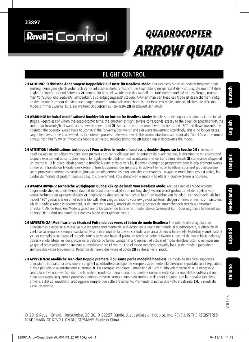 Page 1 de la notice Manuel utilisateur Revell Arrow QUAD Radio-Controlled (RC) helicopter