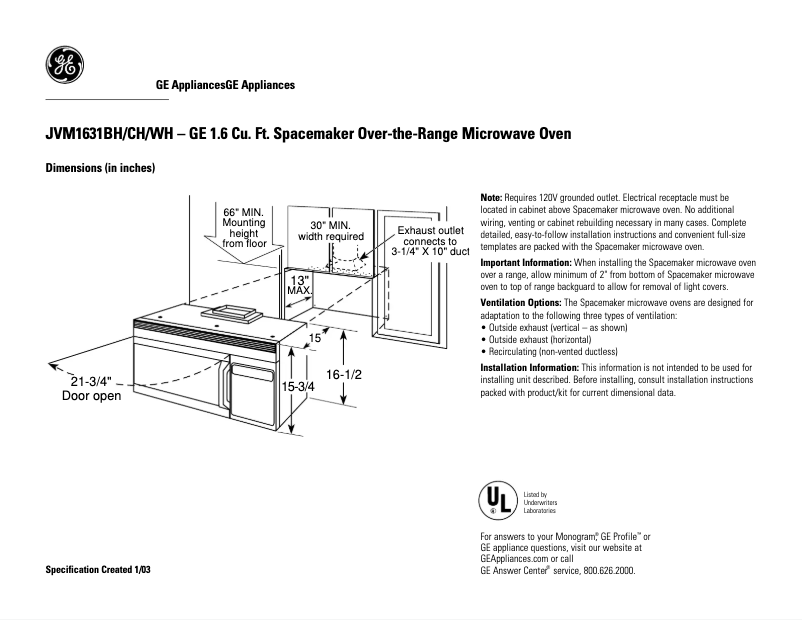 Página 1 del manual Ficha técnica GE JVM1631CH