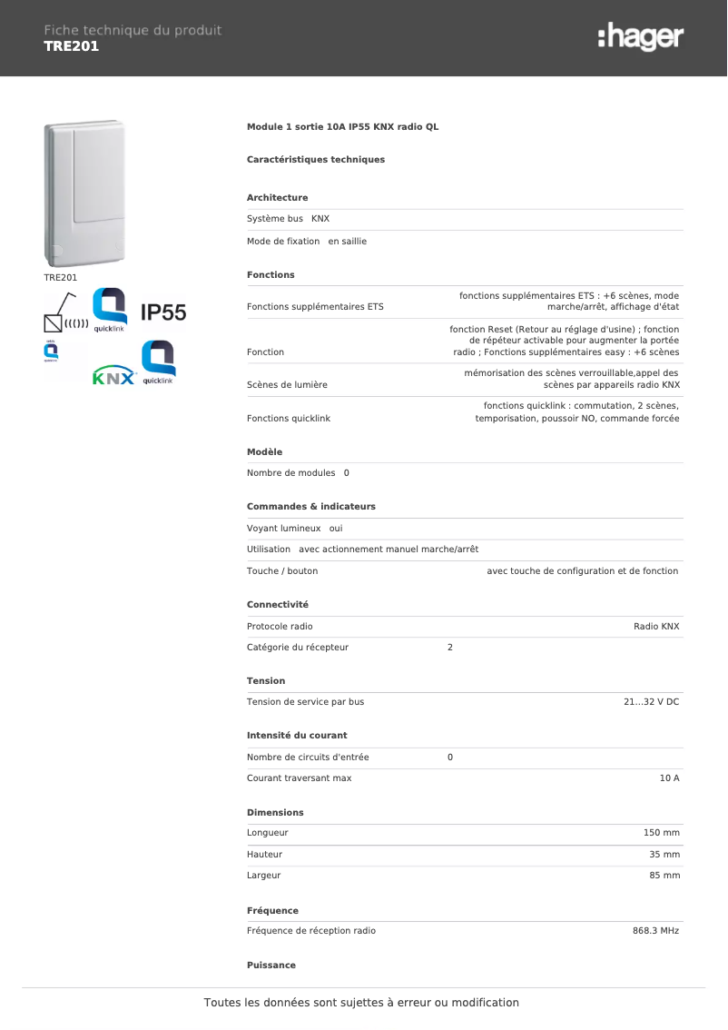 Page 1 de la notice Fiche technique Hager TRE201