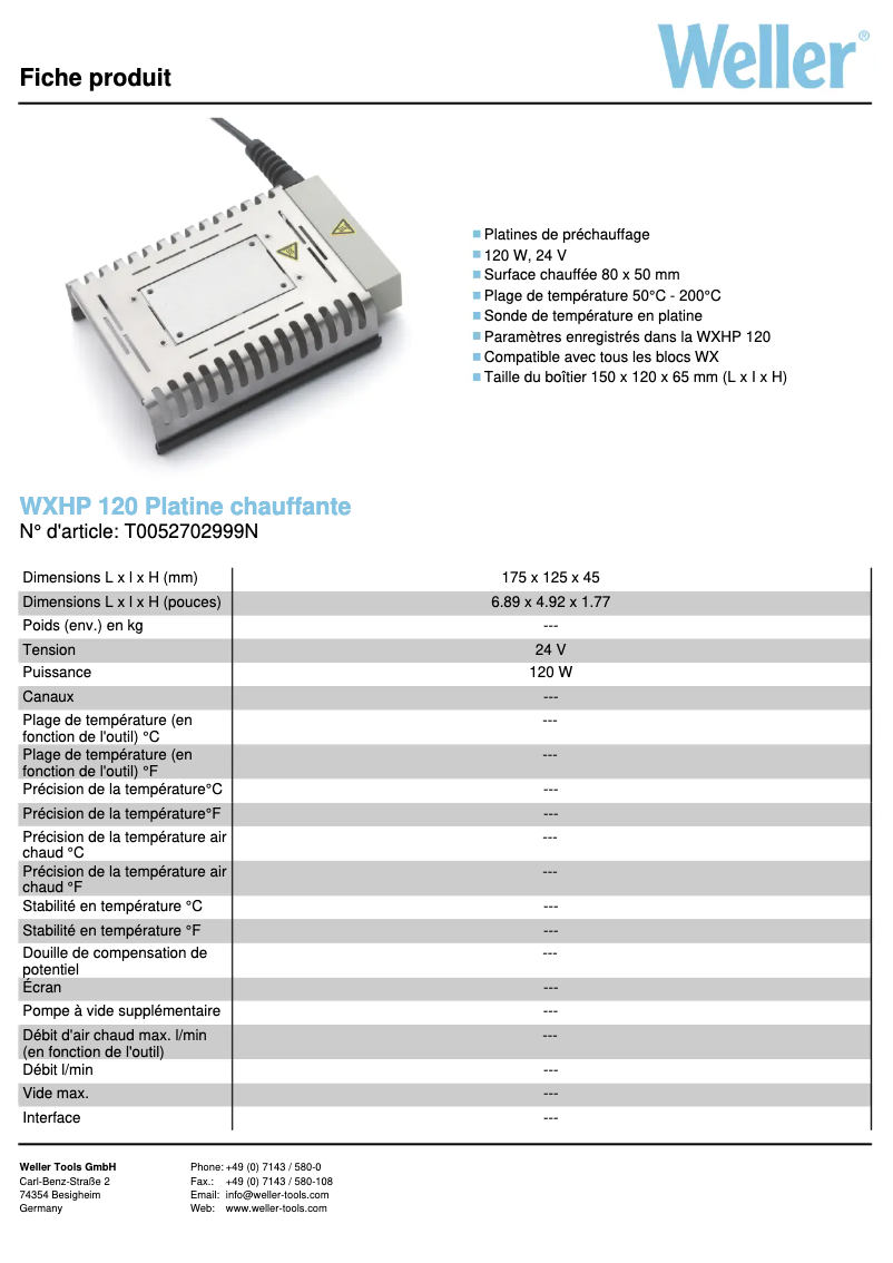 Page 1 de la notice Fiche technique Weller WXHP 120