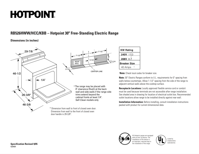 Página 1 del manual Ficha técnica Hotpoint RB526HCC