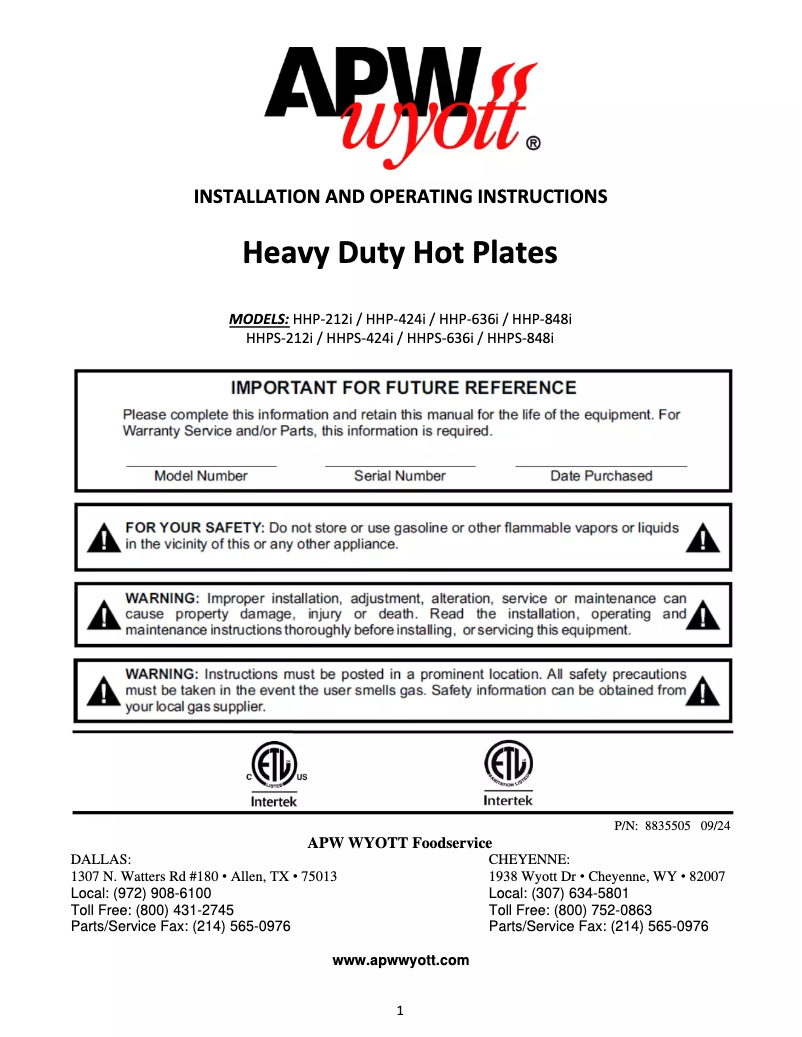 Page 1 de la notice Manuel utilisateur APW Wyott HHPS-636i