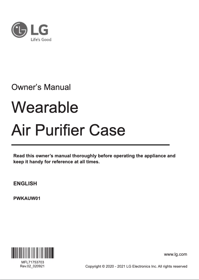 Página 1 del manual Manual de usuario LG PuriCare PWKAUW01