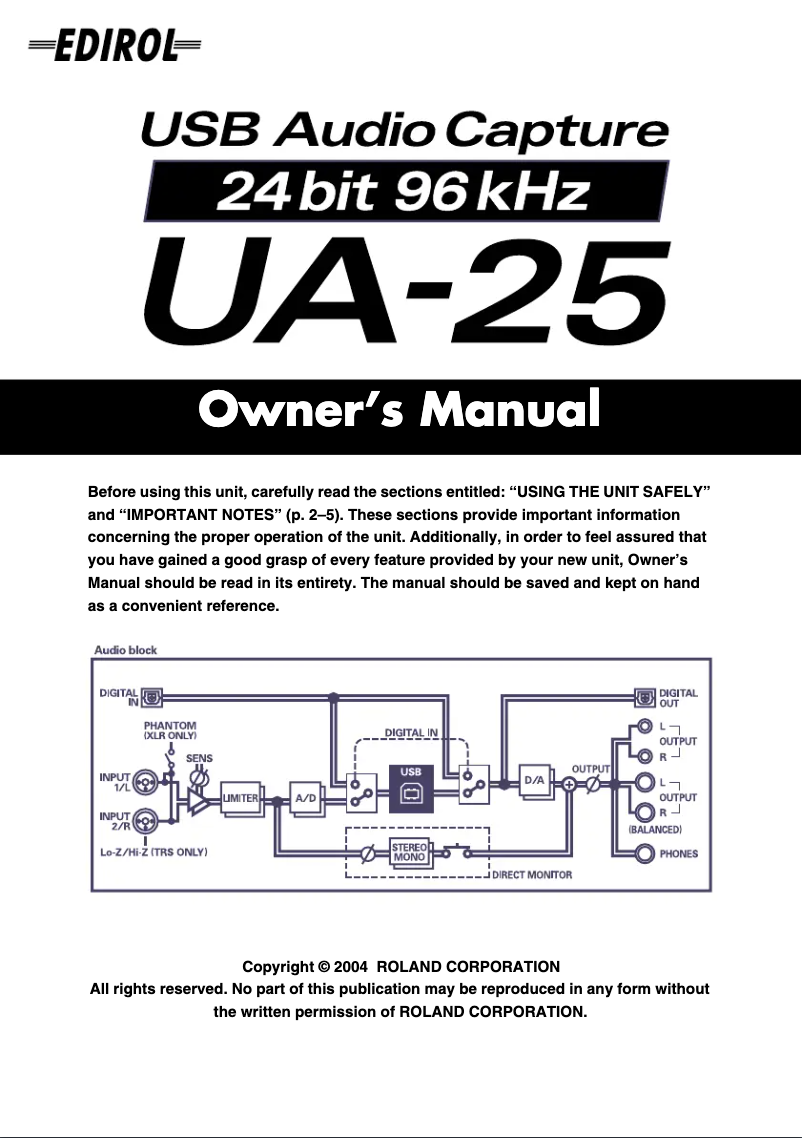 Page 1 de la notice Manuel utilisateur Roland UA-25